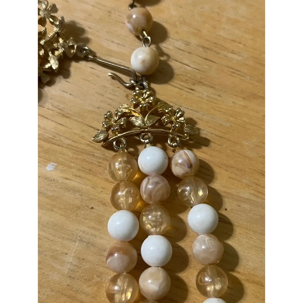 Chunky Multi Strand Beaded Necklace Gold Tone Rhinestone‎ Accent Statement Event